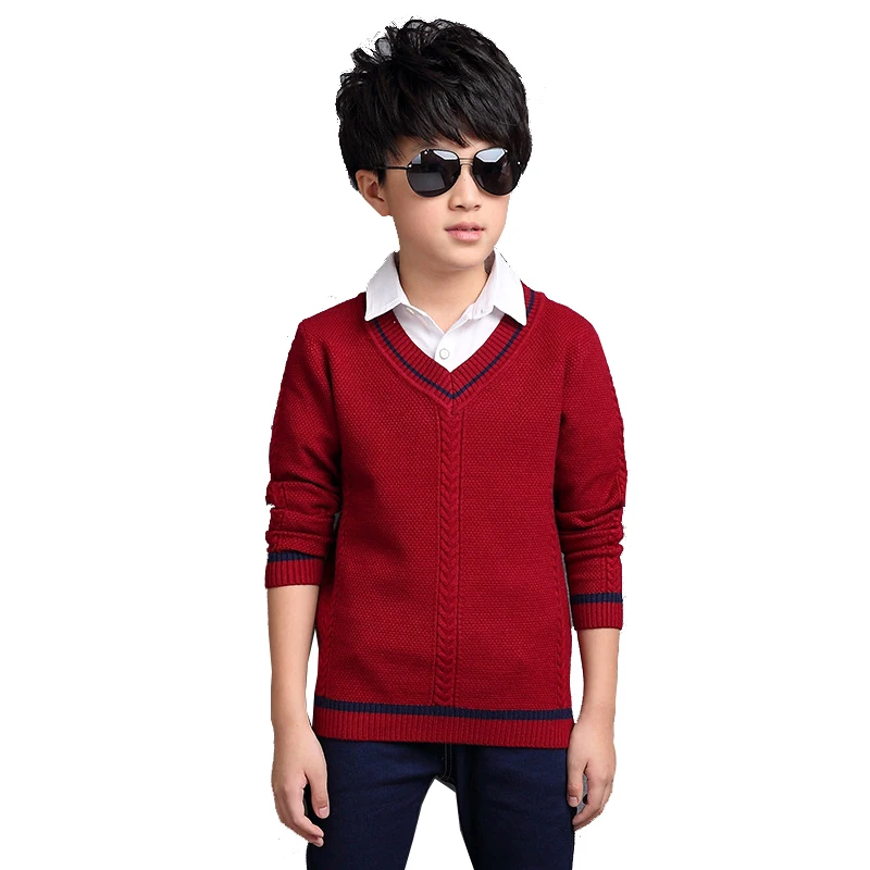 

New Winter Kids Children Boys V-neck Long Sleeve Pullover Ribbed Sweater Tops For Teens Boys Clothing School Sweaters Coats 63