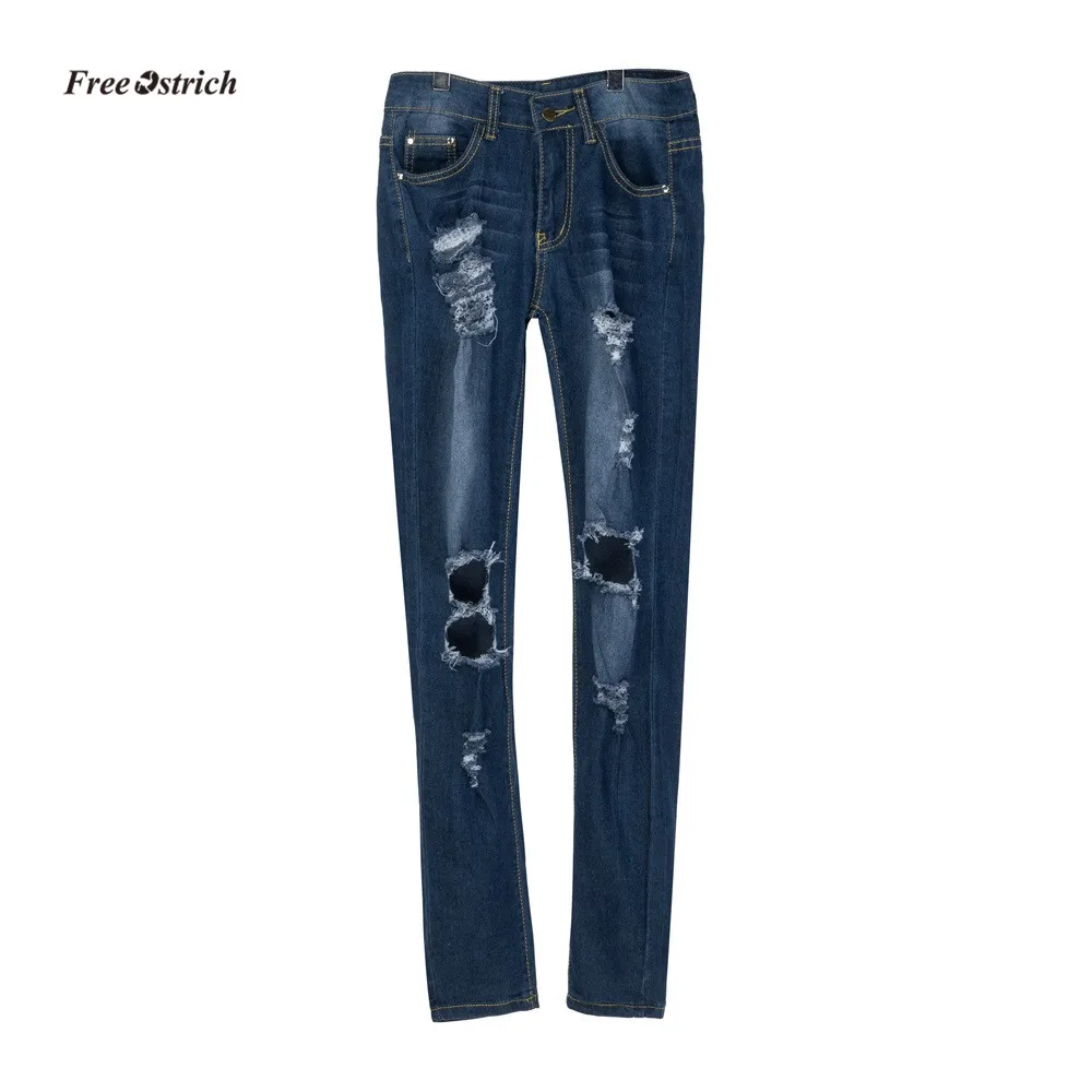 Free Ostrich Clothes Women Jeans Women Mid Waisted Skinny Hole Denim Jeans Stretch Slim Pants Fashion Length hole jean Pants