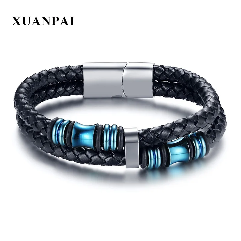 XUANPAI Модные мужские браслеты на магните из нержавеющей стали черные плетеные мужские кожаные наручные браслеты ювелирные изделия