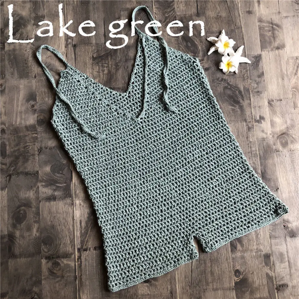 Женский трикотажный комбинезон, однотонный боди, комбинезон, кружевное вязаное бикини, пляжная одежда, накидка, пляжный летний купальный костюм - Цвет: Lake Green