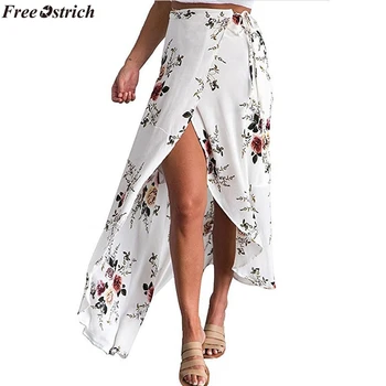 

FREE OSTRICH Women long Skirt Sexy Boho Skirts Asymmetrical Split Ends Printing High-Waisted Sandy Beach Skirt clothes 2019