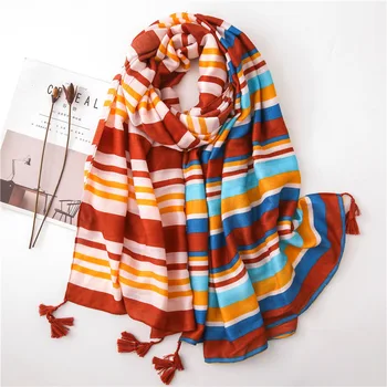 

2019 Spring Cotton Women Long Scarf Fashion New Acrylic Big Summer Sunscreen Wraps Lady 's Autumn Tassels Shawls Rainbow stripes