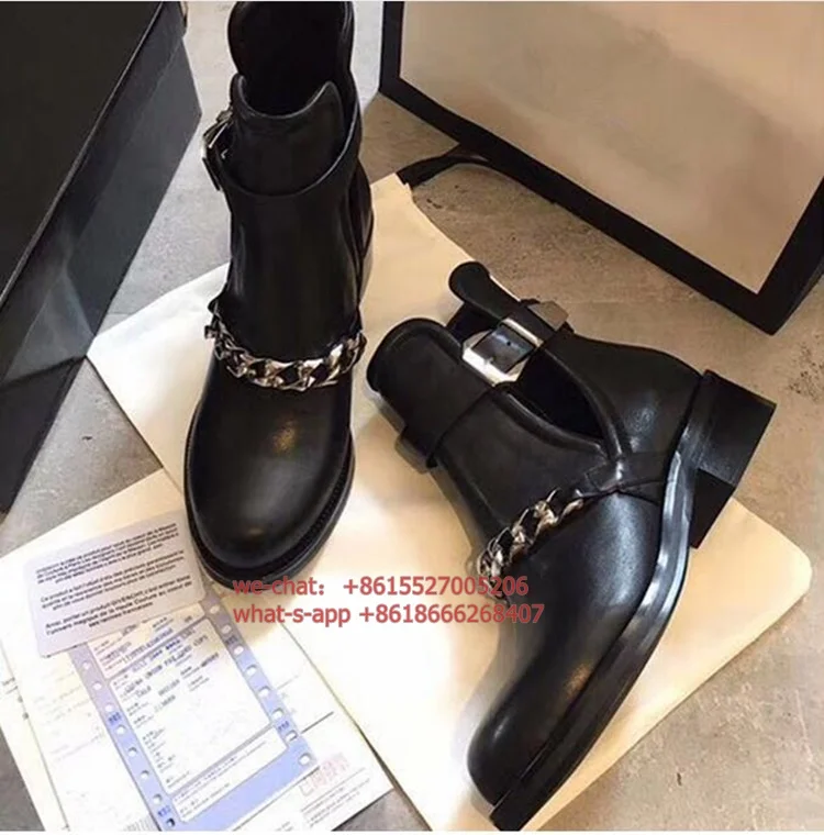 Autumn fashion genuine leather Black round toe Metal chains ankle boots chelsea low heeled short matin boots new