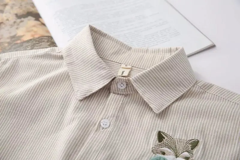 FEKEHA Fox Embroidery Long Sleeve Women Blouses And Shirts Red Grey Beige Female Ladies Casual Shirt Tops Stripe Blusas Blouse