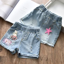 Новые летние детские повседневные штаны для девочек джинсовая короткая одежда для детей от 2 до 7 лет шаровары с принтом