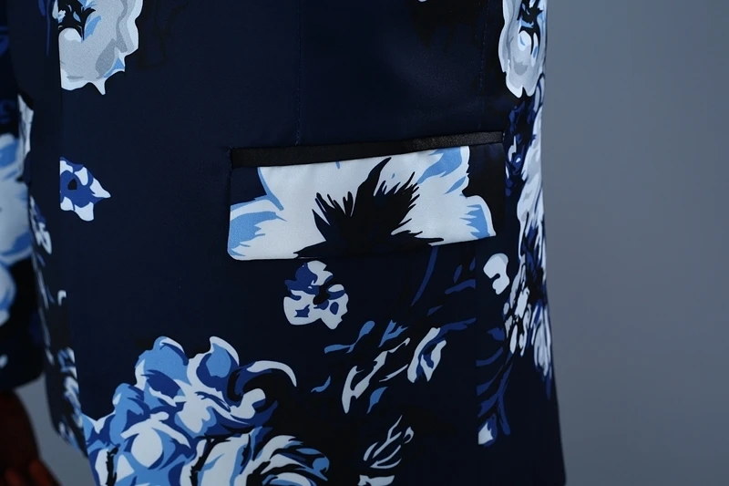PYJTRL Brand 2018 Tide Men Navy Blue Floral Print Fashion Casual Suits Latest Coat Pant Designs Wedding Groom Stage Costume