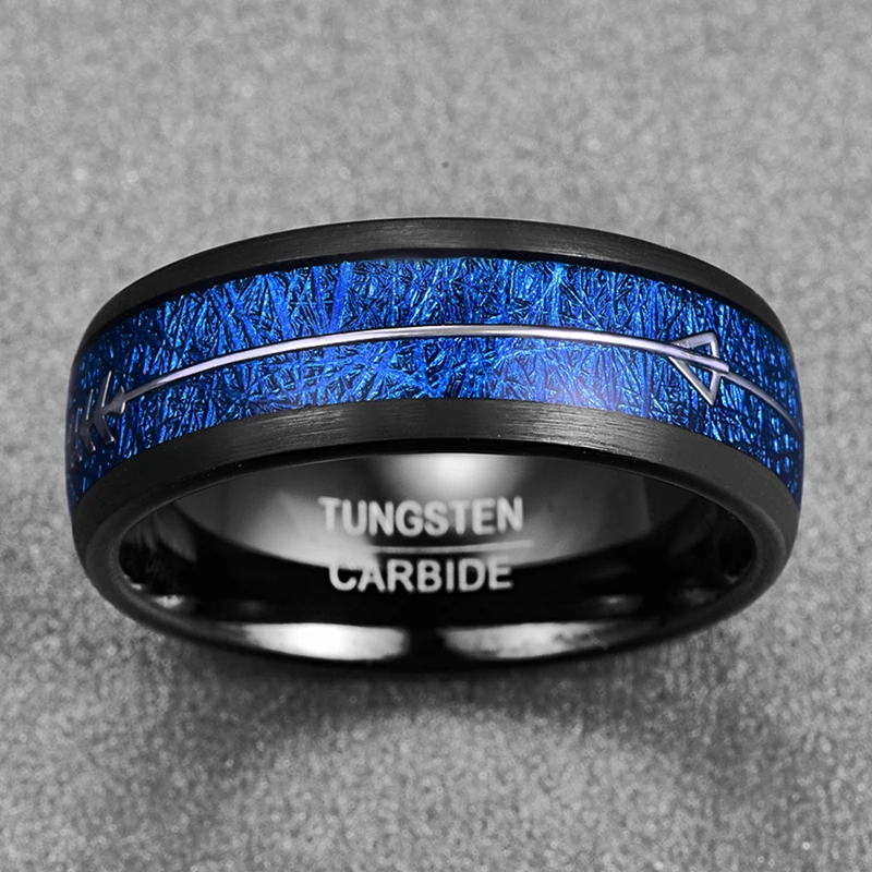 Nuncad 8 мм Серебряное кольцо в форме стрелы из карбида вольфрама инкрустированное синим имитацией метеорита обручальные кольца с черным куполом кольца мужские ювелирные изделия