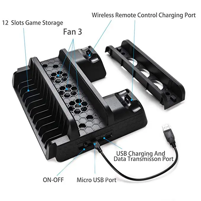  PS4/PS4 Slim/PS4 PRO Vertical Stand with Cooling Fan Cooler Dual Controller Charger Charging Statio