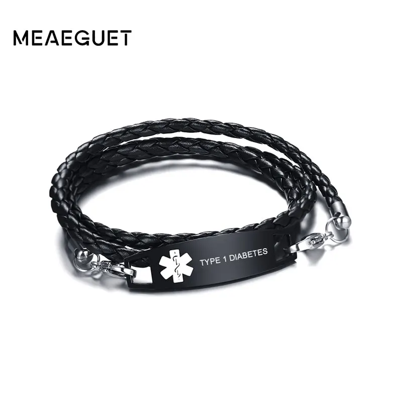 

Medic Tag Black Braided Leather Triple Wrap Medical Alert Bracelet DIABETES ALZHEIMER'S