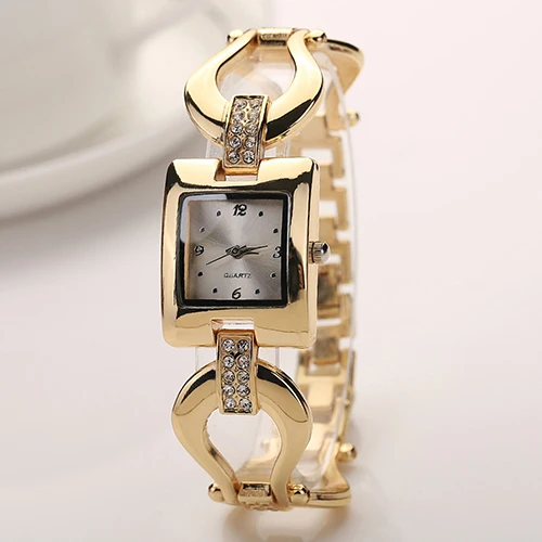Новый дизайн женский золотой браслет горный хрусталь квадратный Аналоговый кварцевый платье наручные часы 5VB4 C2K5W