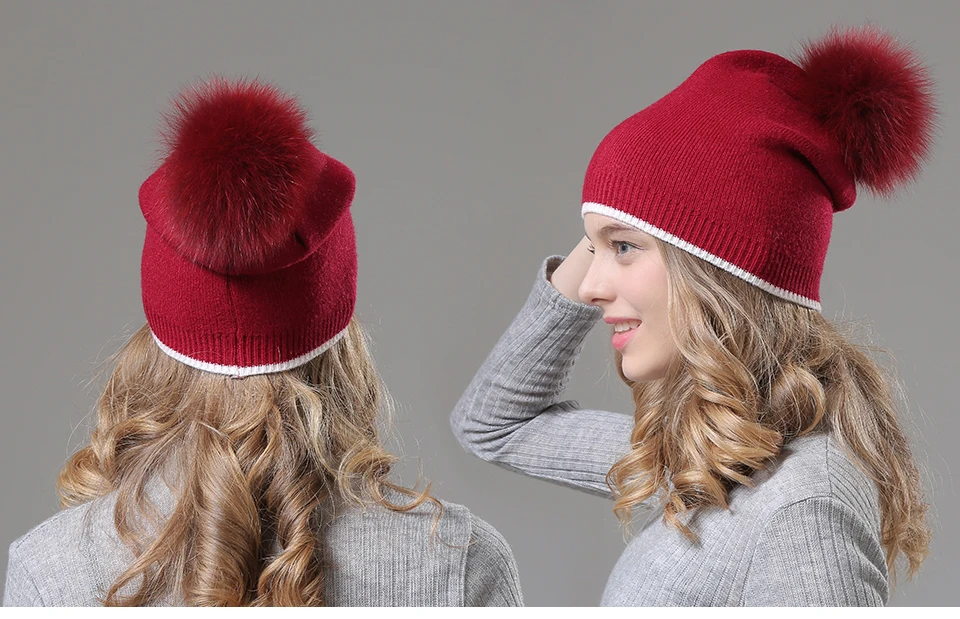 Winter Hats For Girls Skullies Knitt Wool Pom Poms Beanies Female Real Fox Fur Pompon Hat For Women 2018 New (12)