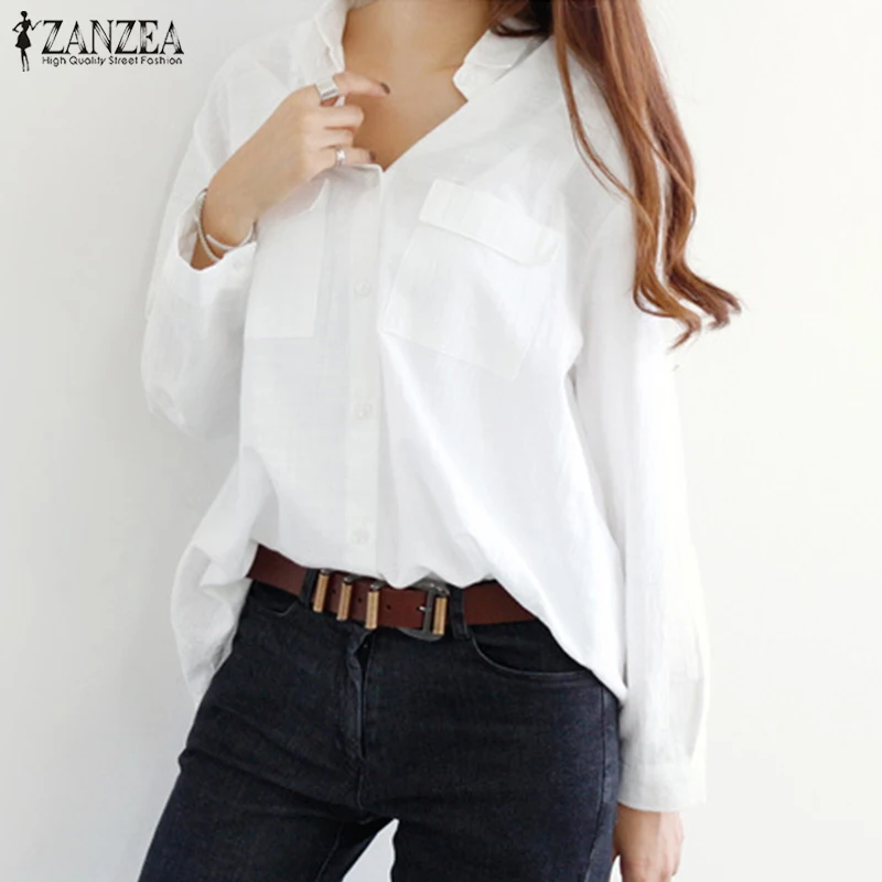 

2019 ZANZEA Elegant Women Lapel Neck Long Sleeve Office Work Shirt Loose Solid Buttons Cotton Linen Blouse Casual Pink Top S-5XL
