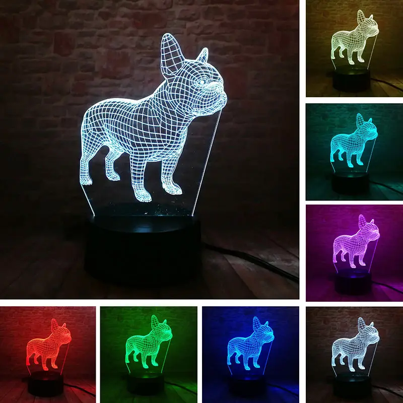 

3D Illusion LED Nightlight 7 Colorful Flashing Light Desk Lamp french bulldog Animal Figure Model Toys