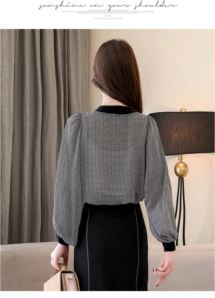 Black Plaid Shirts Women Autumn Bow V-Neck Blouses Womens Tops Elegant Long Sleeve Chiffon Blouse Autumn Tops Blusas Mujer 2019 (9)