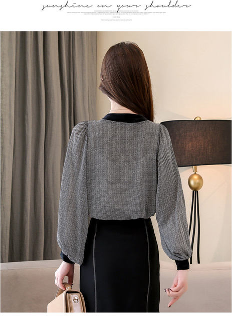 Black Plaid Shirts Women Autumn Bow V-Neck Blouses Womens Tops Elegant Long Sleeve Chiffon Blouse Autumn Tops Blusas Mujer 2019 (9)