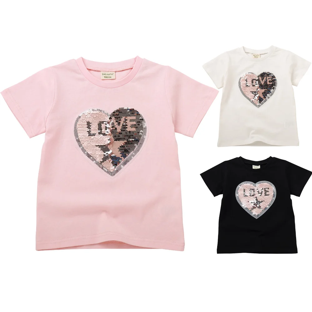 Love Heart Magic Discoloration Sequins Children T-shirt Boy Girls Short Sleeve Sequin Reversible T shirt Baby Cotton Tops | Детская