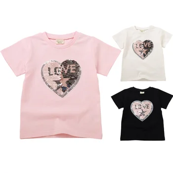 

Love Heart Magic Discoloration Sequins Children T-shirt Boy Girls Short Sleeve Sequin Reversible T shirt Baby Cotton Tops