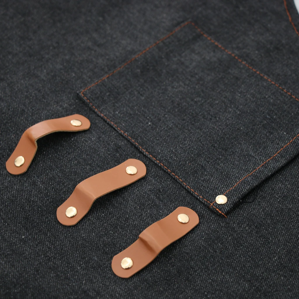 Ladies Men Leather Strap Denim Bib Apron BBQ Florist Baker Bartender Barista Chef Work Uniform