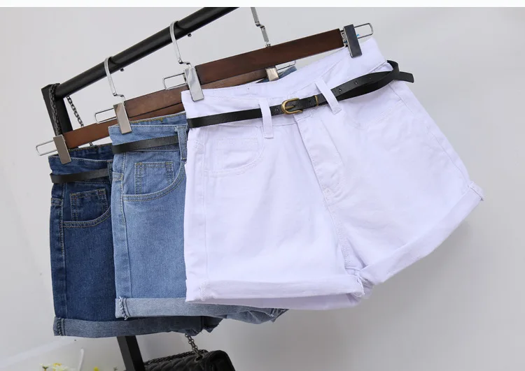 Летние однотонные женские джинсовые шорты Харадзюку, джинсы с высокой талией, повседневные облегающие джинсы, женские шорты с поясом