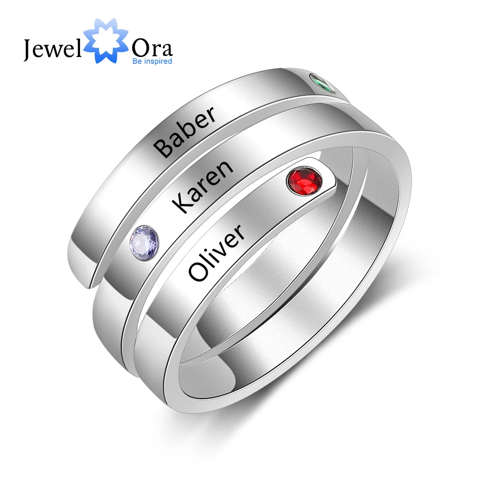 

Personalized Family Gift Customized Mother Ring with 3 Birthstones Engraved Name Ring Female Fashion Jewelry (JewelOra RI103804)