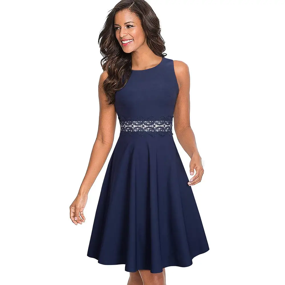 Women Vintage Sleeveless Swing A-line Party Dress Elegant Fit And Flare Tunic Lady Sundress Vestidos EA079
