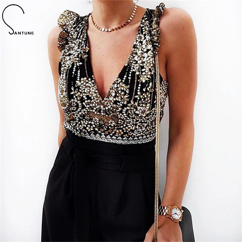 Santune 2018 Summer Sleeveless V Neck Playsuit Bodycon Bodysuit Women's