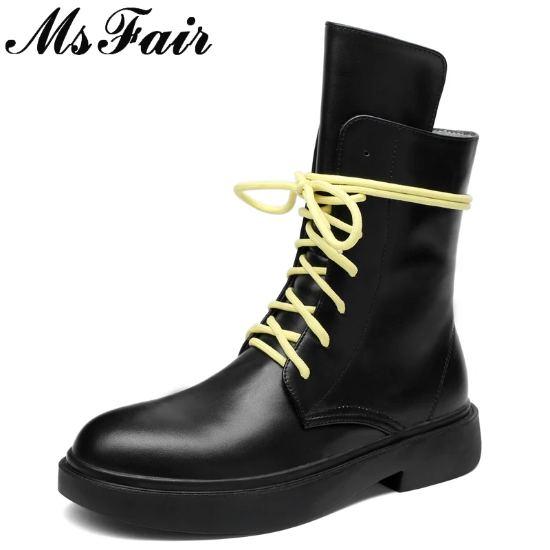 

MSFAIR Round Toe Thick Bottom Women Boots Fashion Lace Up Genuine Leather Ankle Boots Women Shoes Black Boots Shoes Woman 2018