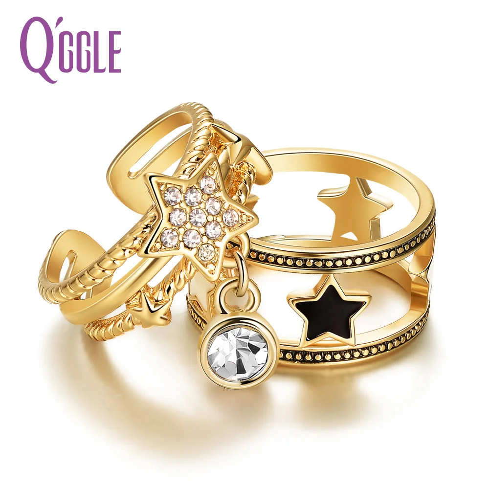 QGGLE Gold Color Alloy Lucky Stars Rings for Women Rhinestone Enamel Double Rings Jewelry