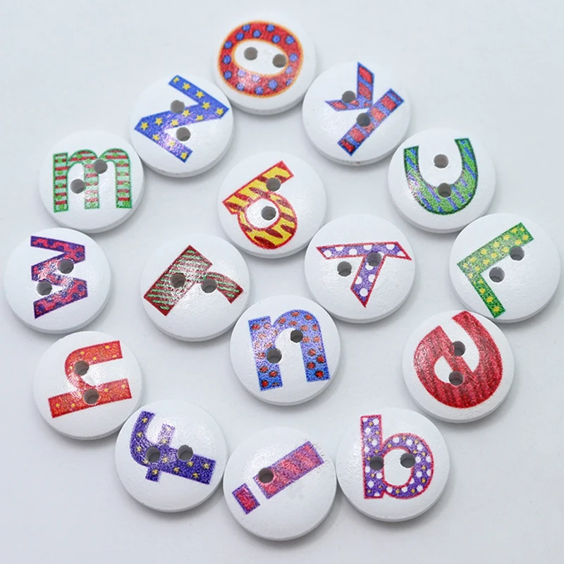 100pcs 2 Holes English Alphabet Cartoon Button Wooden Buttons for Clothing Sewing Craft Decorative Accessories