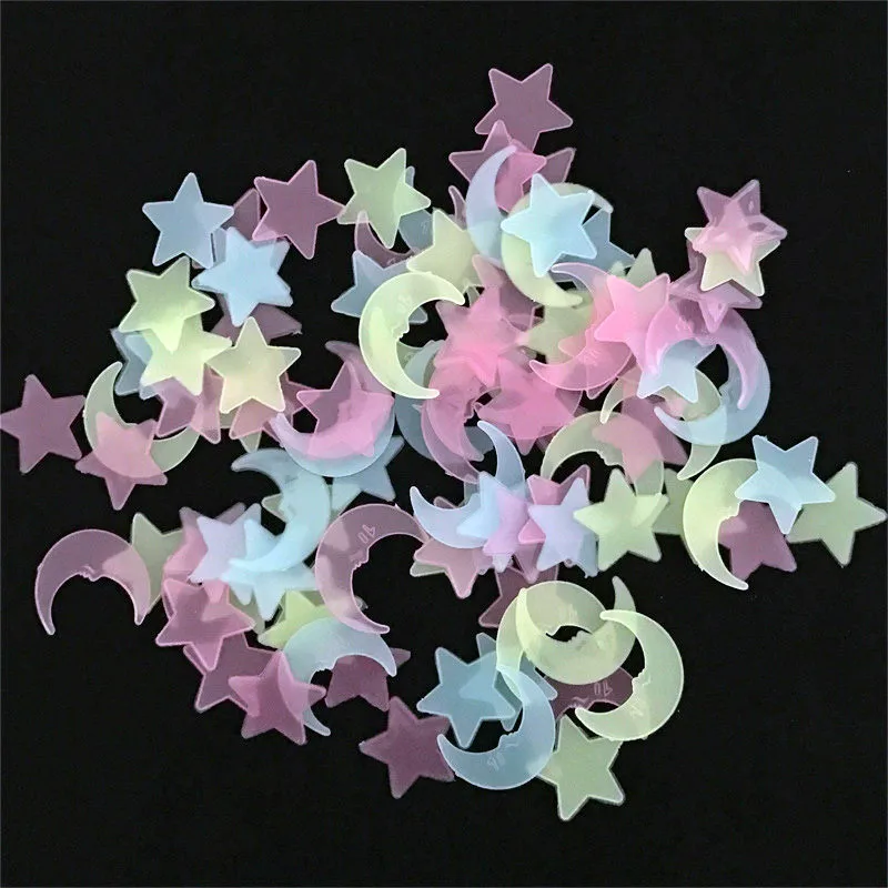 100Pcs Star and Moon Energy Storage Fluorescent Glow In The Dark Christmas Party Wall Decor Stickers Baby Home Decoration DE62 (9)