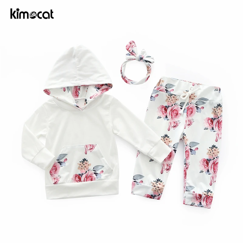 Kimocat Baby Girl Clothes 3pcs Suit Hair Band Cute Girl's Hoodie Suit Flowers Printting Pink Chinese Style Girls Clothing Set