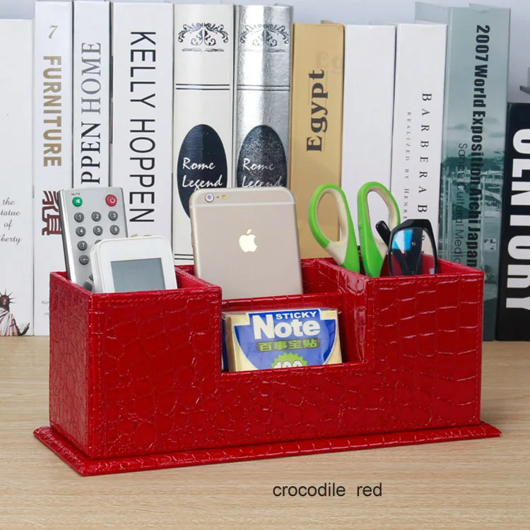 Популярный креативный деревянный кожаный офисный держатель для ручек, школьный чехол для карандашей, настольный канцелярский органайзер, коробка для макияжа с пультом дистанционного управления 202C - Цвет: crocodile red