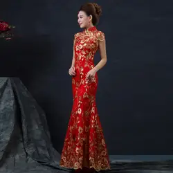 Для женщин Китайский Cheongsam Летние Длинные рыбий хвост Кружево китайское традиционное платье свадебное красное платье Чонсам длинное