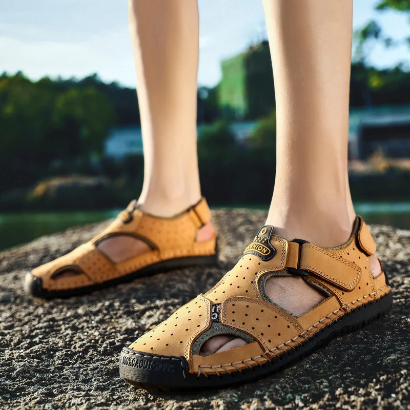 العلامة التجارية جلد أصلي للرجال أحذية الصيف جديد كبير الحجم الرجال الصنادل الرجال الصنادل صنادل مماشي للموضة النعال حجم كبير 38-48 2019