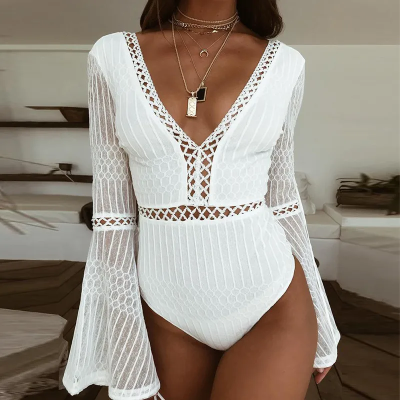 

Women Sexy Bodysuit Flare Sleeve Hollow Out Solid Base Shirt Bodysuits V Neck Mesh Women Tops Backless Slim Rompers