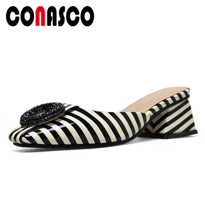 

CONASCO 2019 Fashion Women Summer High Heeled Sandals BlingBling Striped Close Toe Mules Shoes Woman Female Wedding Party Pumps