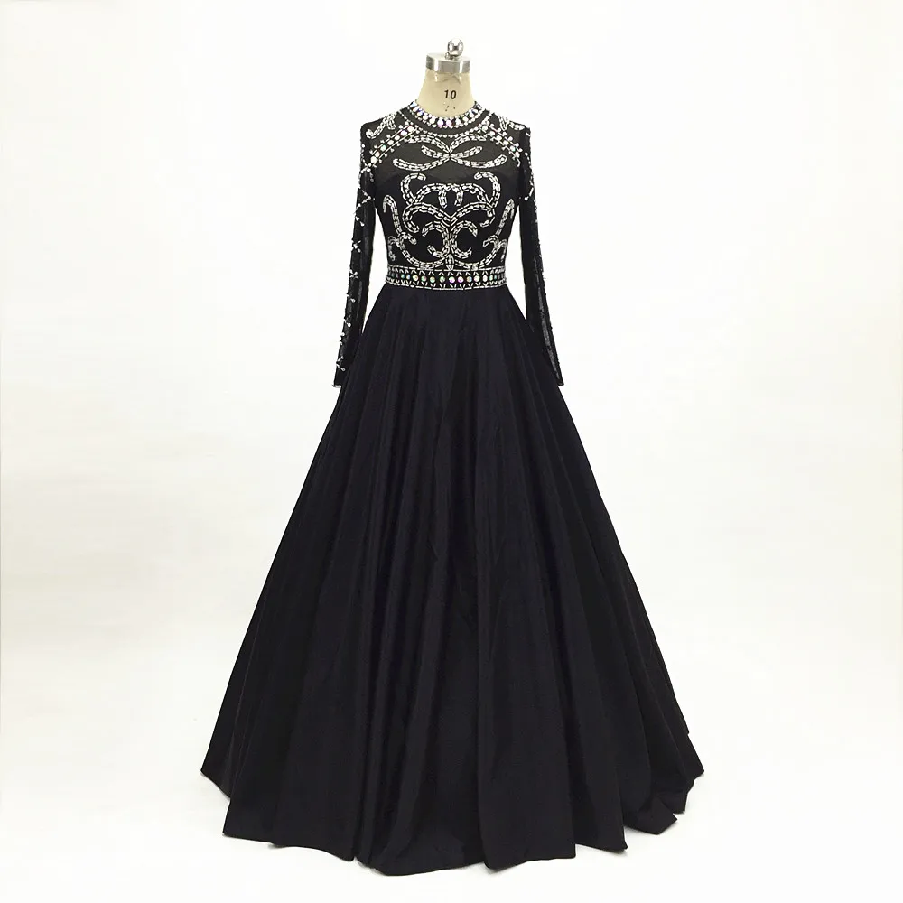 

Long Prom Dresses 2019 Satin Evening Dresses Black long sleeves formal party Gown Robe de Soiree Sexy O Neck Beaded floor length