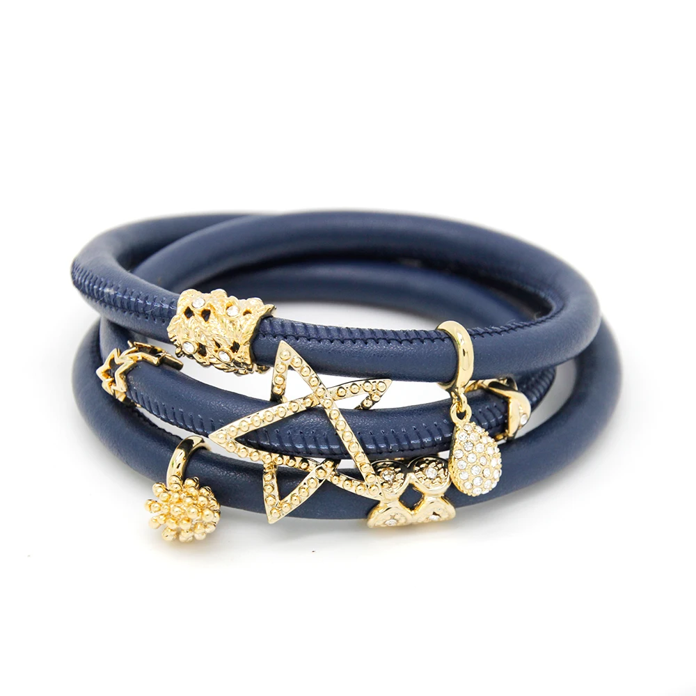 

Summer Jewelry Deep Blue Endless Bracelets 60cm Wrap Leather Bracelet with Gold Color Charms Bracelet for Women EB086
