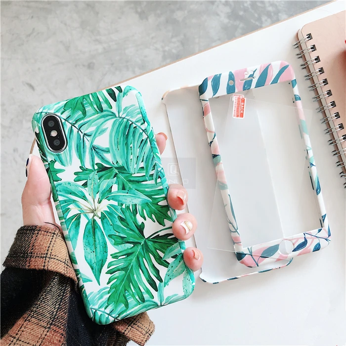 

360 Full Phone Cases For iPhone 6 6S 7 8 Plus X XR XS Max 5 5S SE Fashion Color Leaves Protection Back Cover Case Tempered Glass