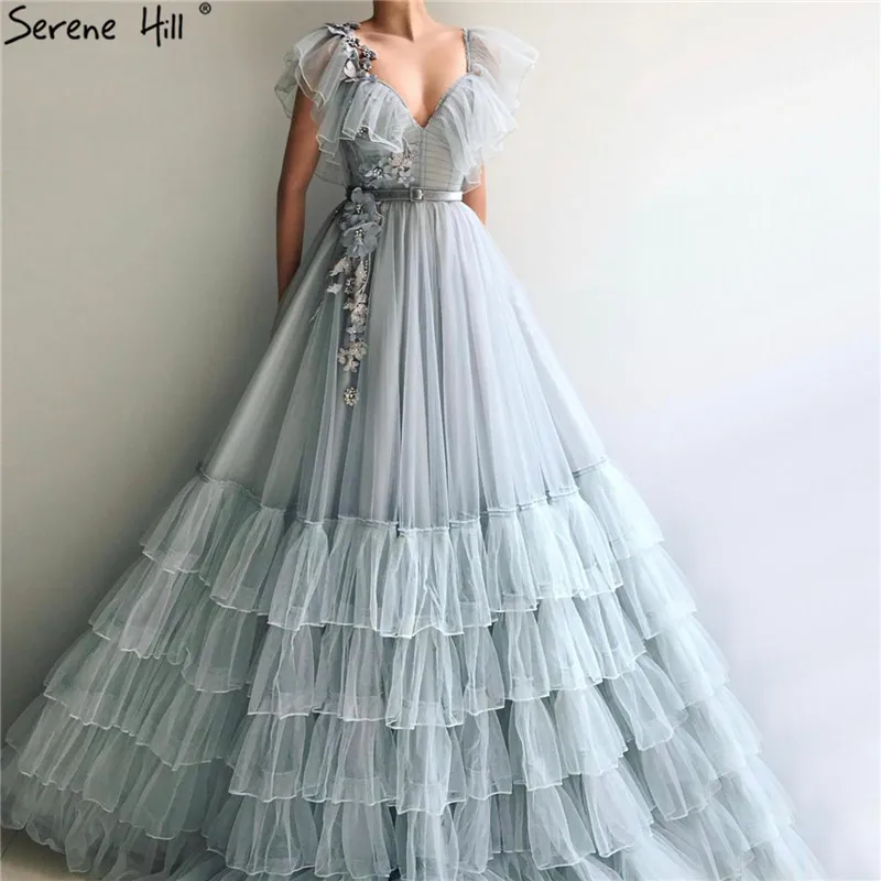 

Latest Design Grey V-Neck Sexy Evening Dresses 2019 Sleeveless A-Line Handmade Flowers Evening Gowns Serene Hill LA70025