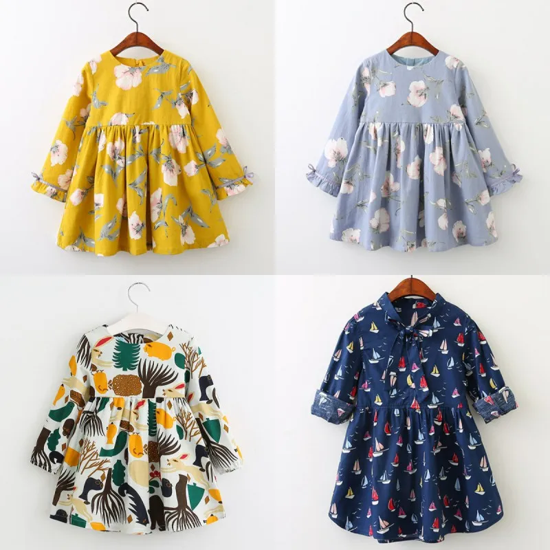 

New 2018 Clothing Kids Princess Dresses for Girls Autumn Forest Animal Cotton Linen Children's Floral Beach Dress Long-sleeved.