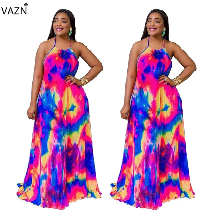 

VAZN 2019 summer sexy lady colors print long dress sexy halter floor-length colorful dress sexy lady beach style dress LZL591
