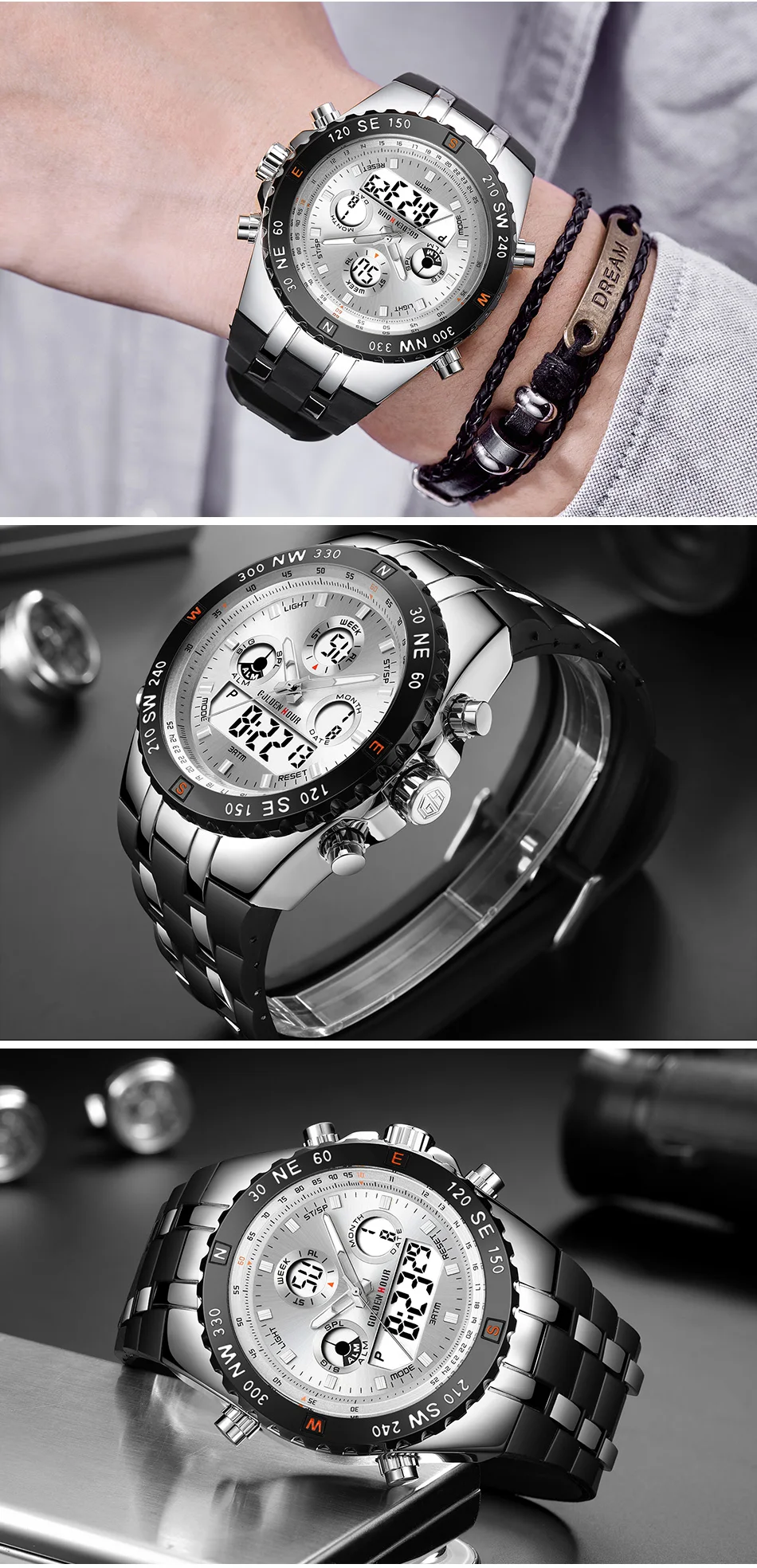 GOLDENHOUR модные спортивные мужские черные часы с двойным дисплеем аналоговые цифровые армейские военные водонепроницаемые мужские часы Erkek kol saati