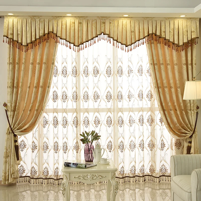 

Custom curtains European luxury bedroom living room balcony jacquard embroidery yarn gold cloth blackout curtain tulle N014