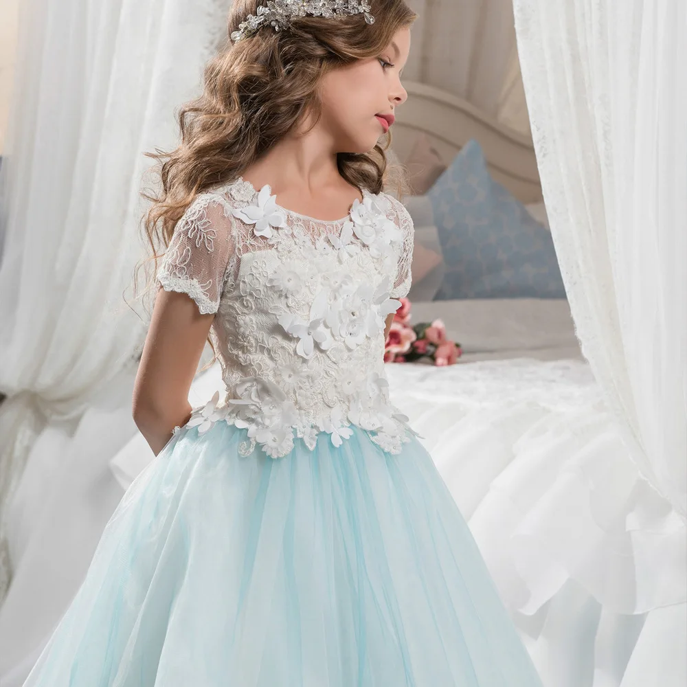 Новое кружевное свадебное платье с короткими рукавами и цветочным рисунком, бальное платье с аппликацией бабочки для девочек, длинное