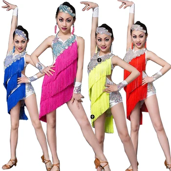 

Sequined Girls Kids Performance Latin dance Dress Children Tassels Modern Ballroom Latino Costumes Dancing Outfits Wear fringe