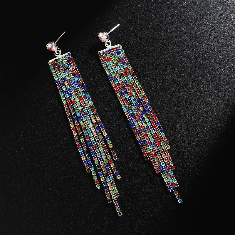 

New Design multi color Rhinestone Long Tassel Earrings High Quality Bohemian Big Dangle Earrings For Women Jewelry E639