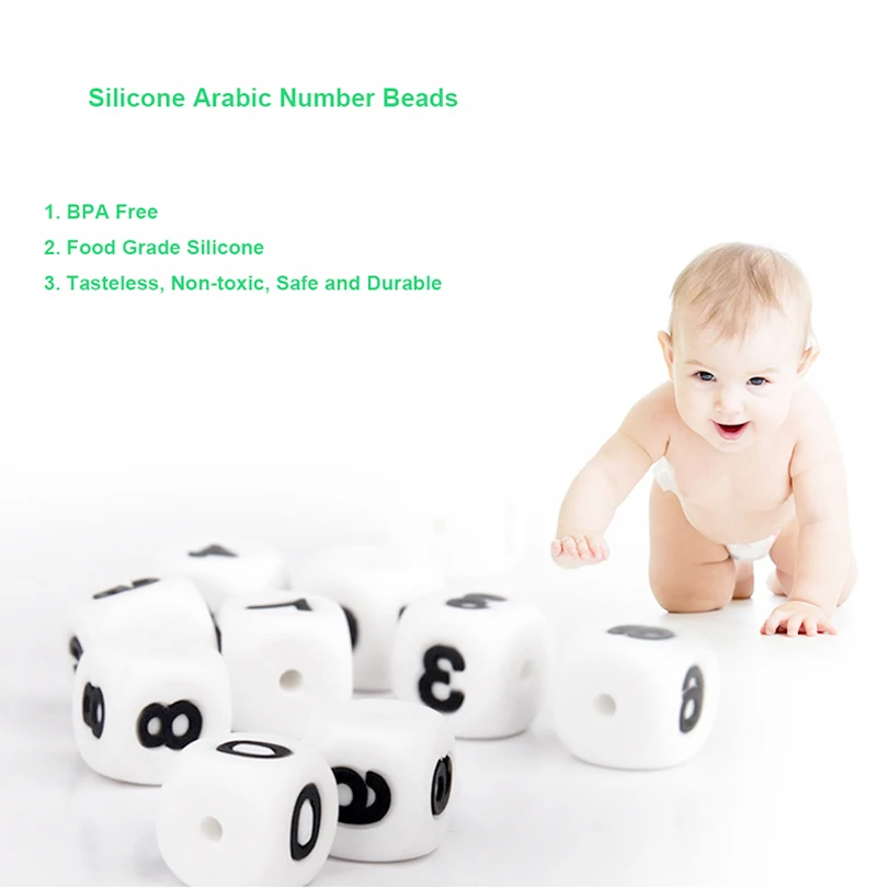 10pcs Silicone Digital Beads DIY Birthday Date on Pacifier Chain Clips 12MM Chewing Arabic Number Bead for Baby Necklace Teether