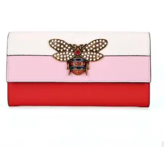 

2019 Women Designer Genuine Leather Wallet Famous Brands Bee Purse Ladies Long Leather Wallet Luxury Female Tri-color Bag