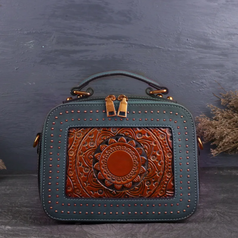 

Genuine Leather Woman Handbags Ladies Shoulder Tote Hand Bag Vintage Manual Painting Crossbody Square Bags Handmade Women Bag